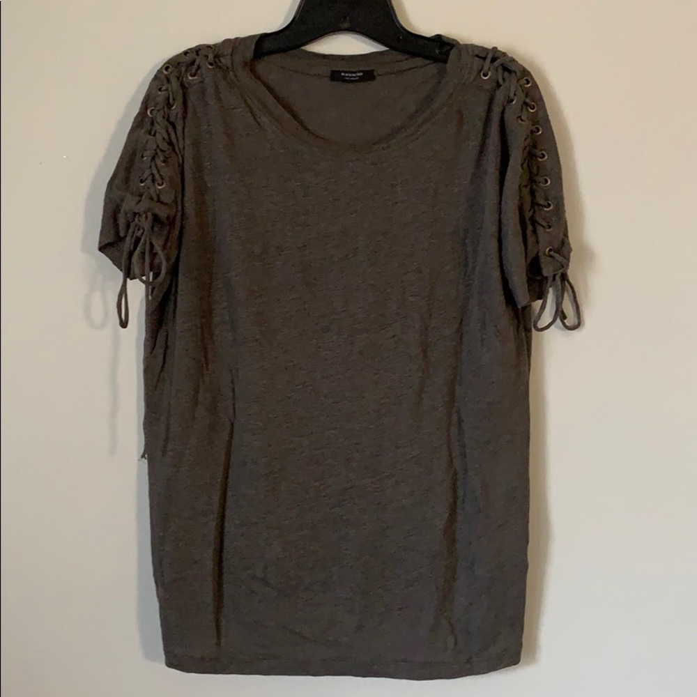 BLACK ORCHID (S) OLIVE GREEN LINEN TOP EUC